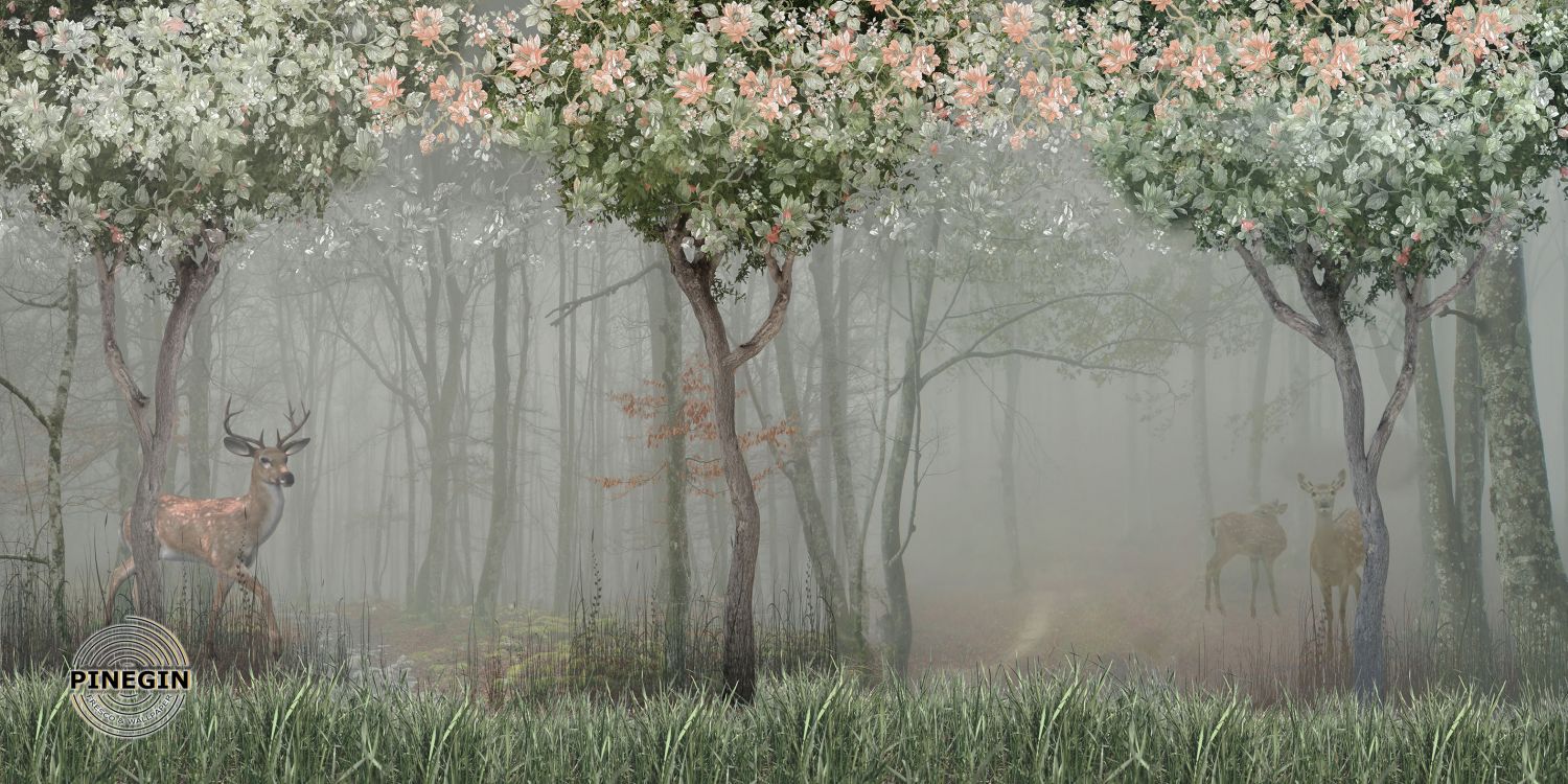 Фотообои «Туманный лес и олени»