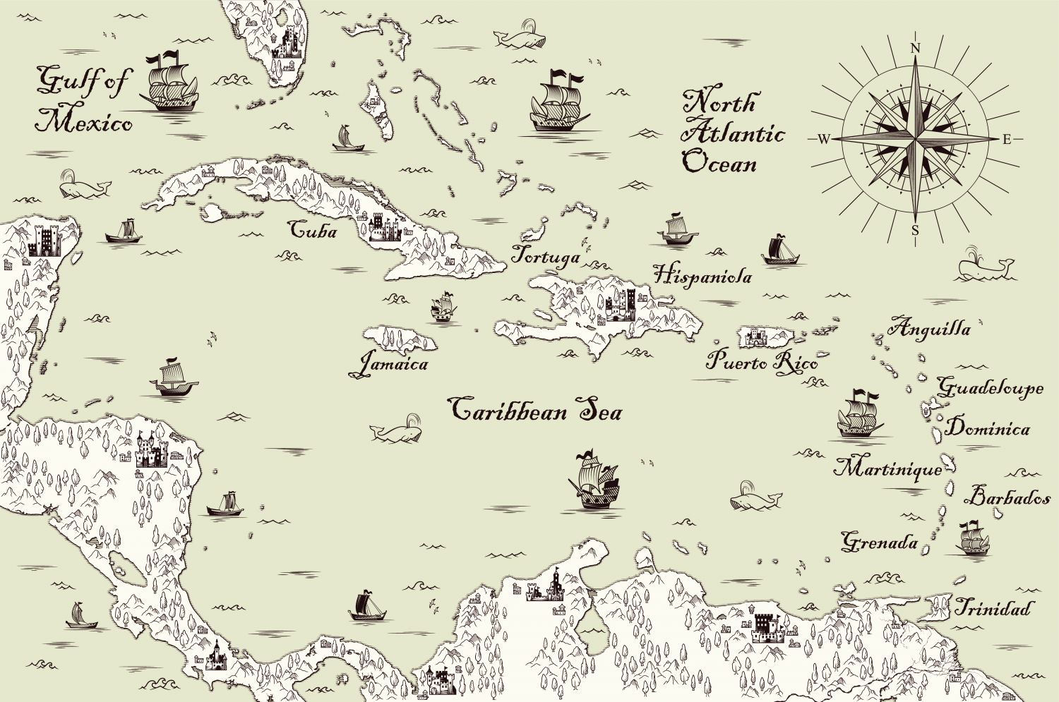 Фотообои «Карта старинная с кораблями и замками»