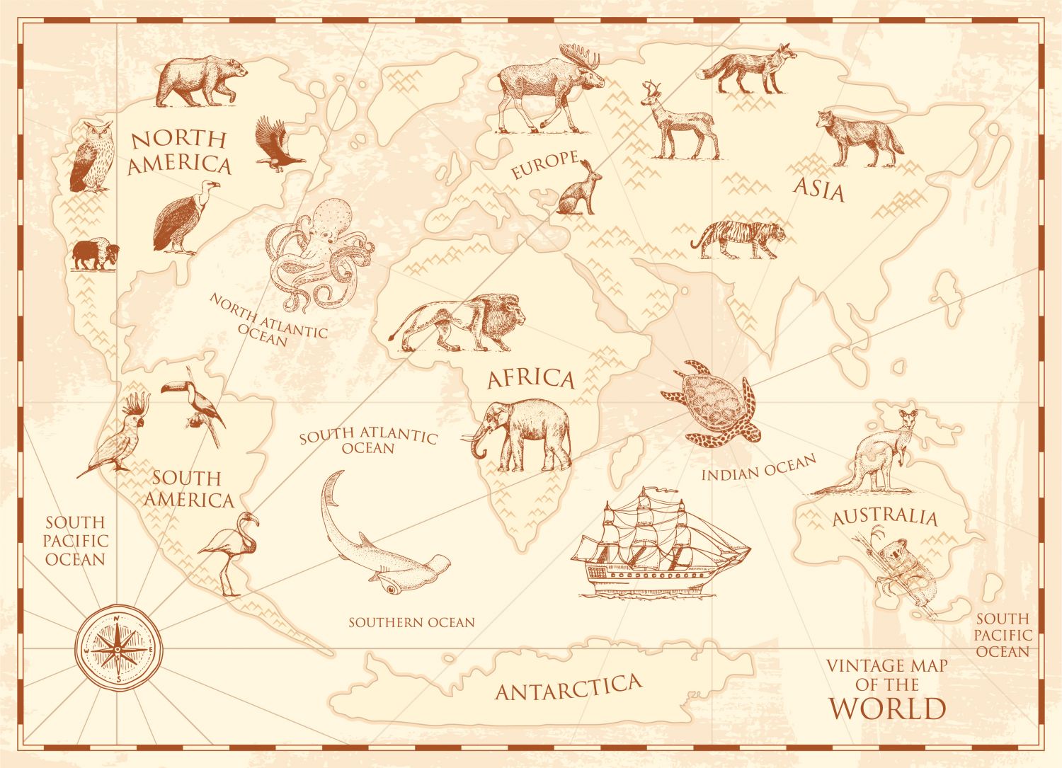 Фрески «Старинная карта мира с животными»