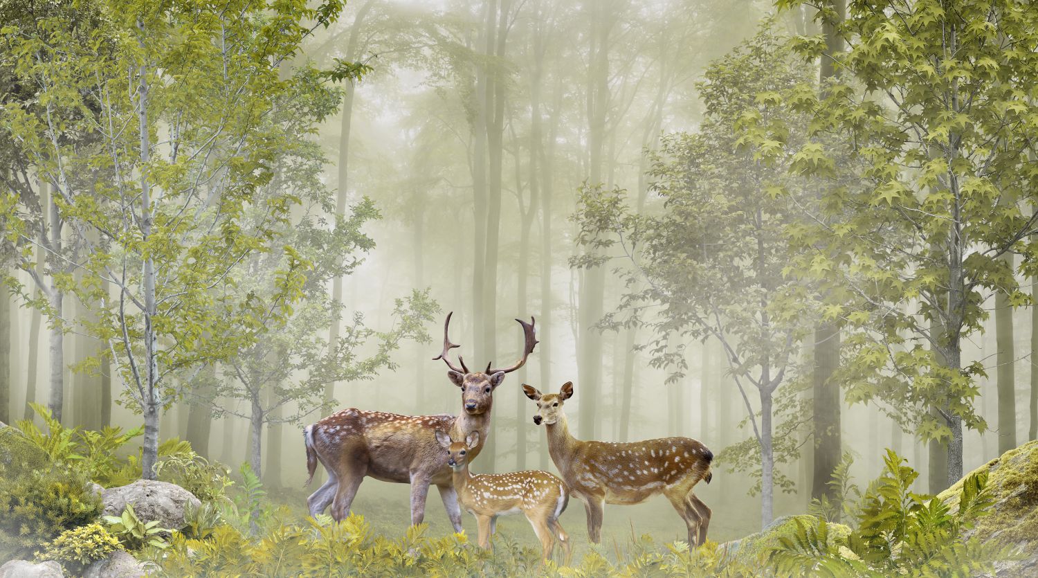 Фреска с оленями в лесу