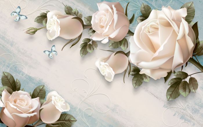 Фреска «Белые розы и бабочки»