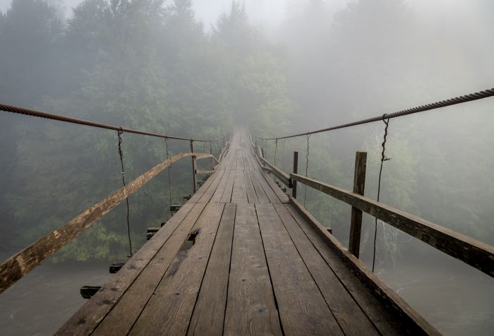 Фреска «Подвесной деревянный мост в тумане»