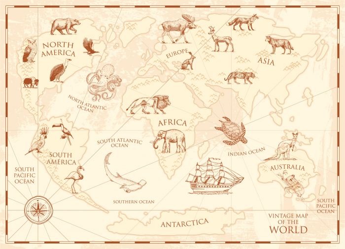 Фотообои «Старинная карта мира с животными»