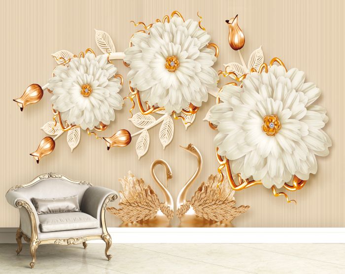 Фотообои «Золотые лебеди под белыми хризантемами»