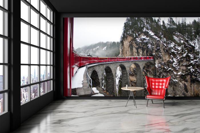 Фотообои «Красный экспресс в горах зимой»