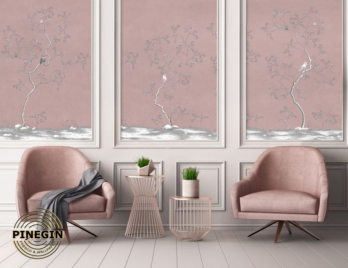 Фреска «Шинуазри с совами на пыльно-розовом фоне»